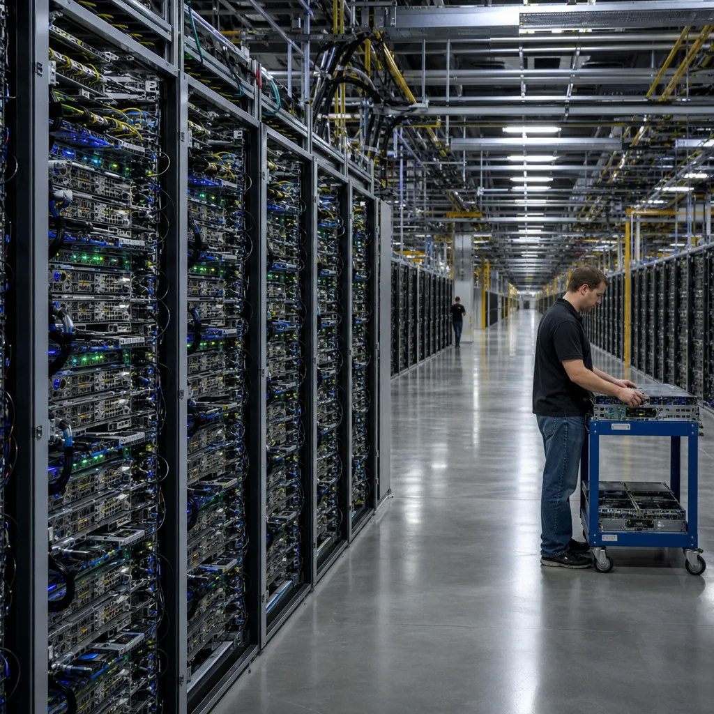 Engineer walking between server racks in a data centre