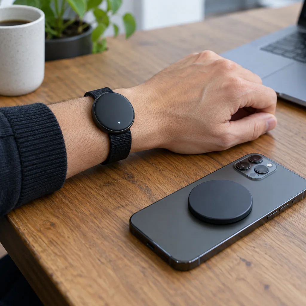 A wrist-worn AI device beside a slim magnetic phone attachment