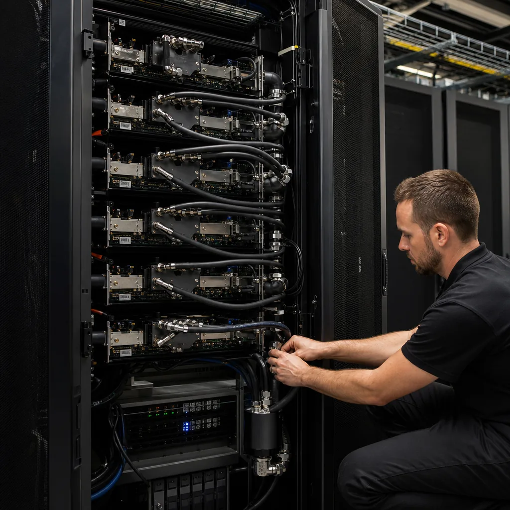 Liquid-cooled AI server rack with accelerator cards and networking cables