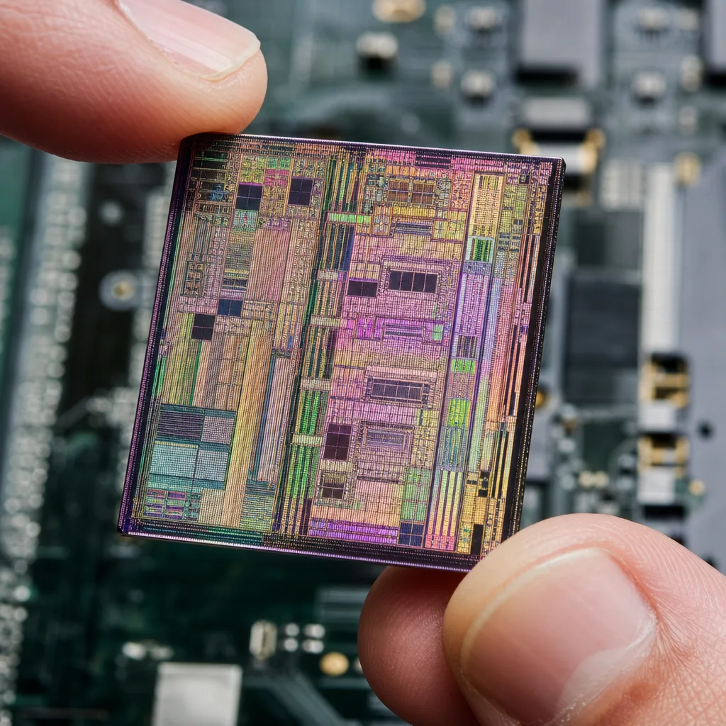 An unbranded AI chip beside a data-centre server rack