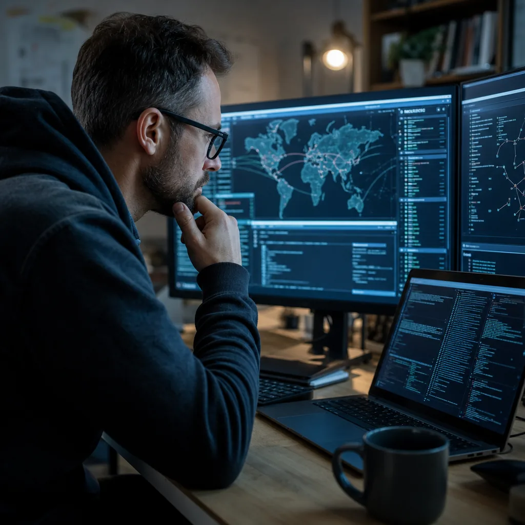Cybersecurity researcher monitoring network activity on screens