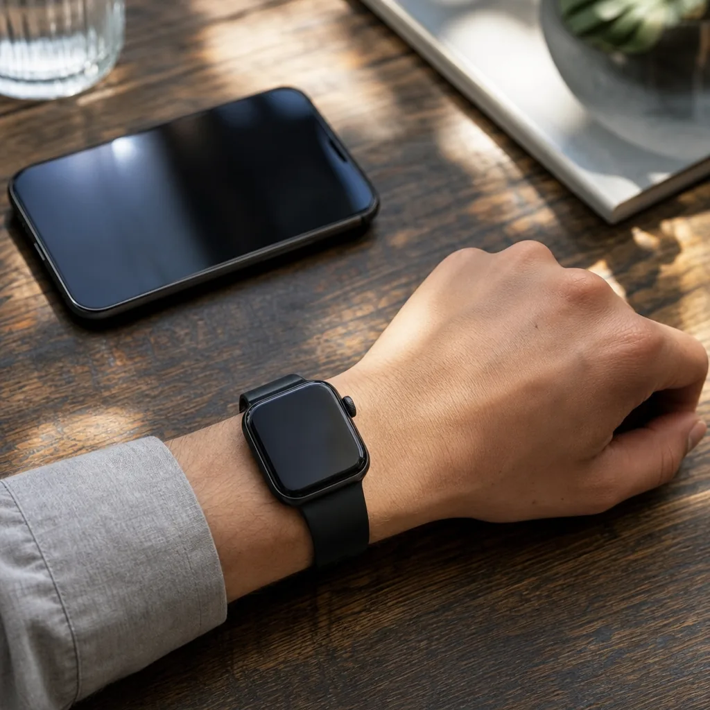 A smartphone and smartwatch beside a hand