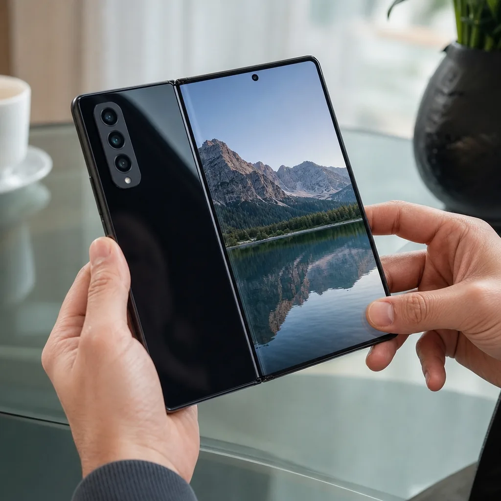 A book-style foldable smartphone shown both open and closed on a metallic surface