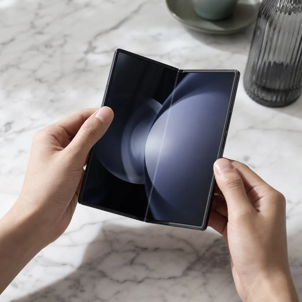 A generic book-style foldable phone shown open and closed