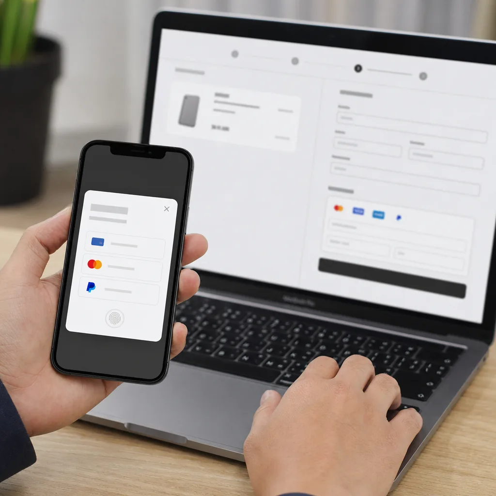 A smartphone and bank card beside a checkout screen