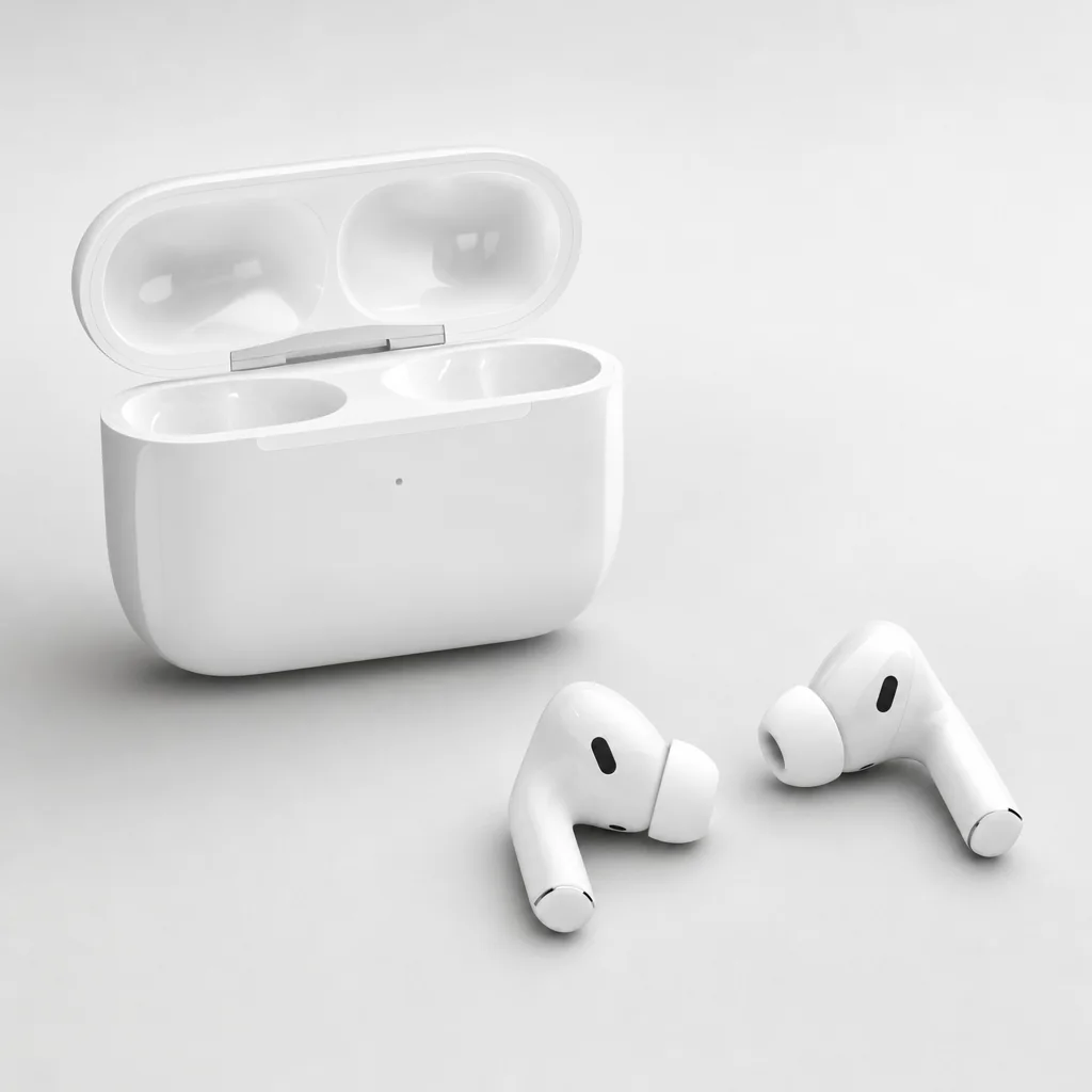 Concept visualisation of white wireless earbuds beside an open charging case