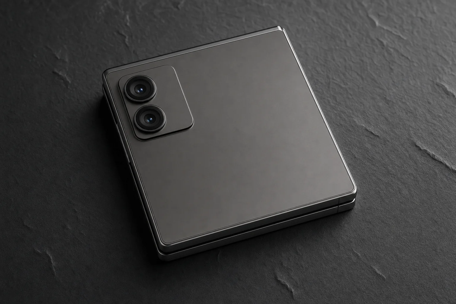 Concept visualisation of the rear of a closed foldable phone showing a two-lens camera plateau