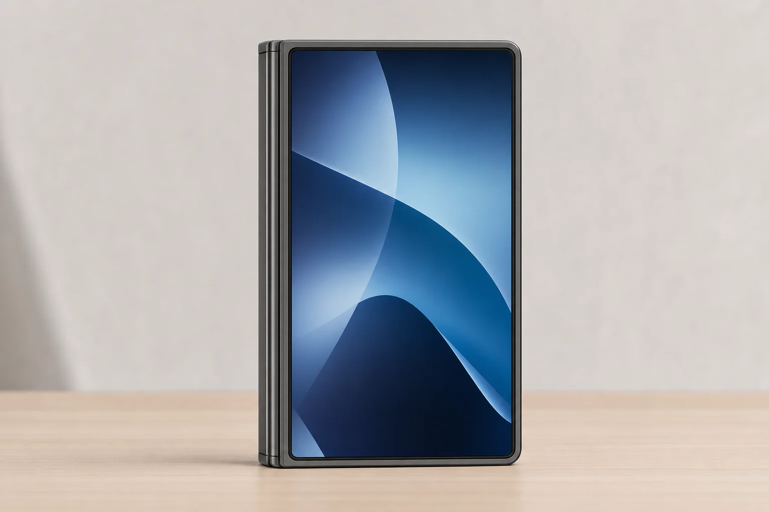 Concept visualisation of a foldable phone closed, showing a short wide outer display