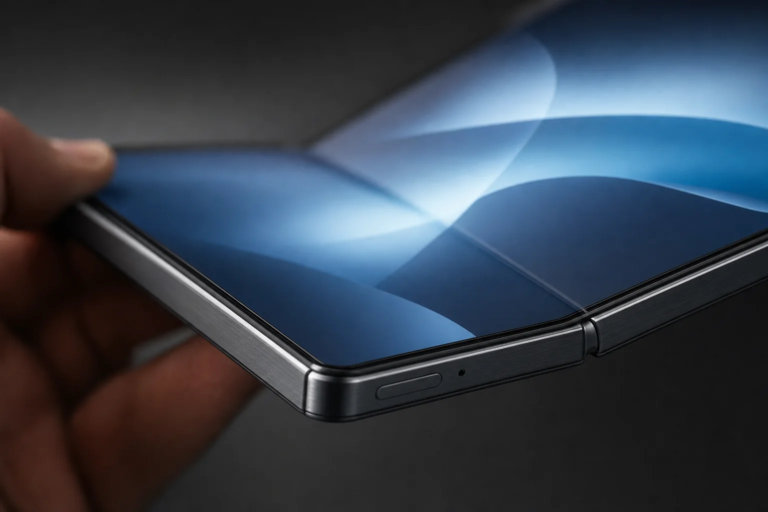 Close detail concept visualisation of a foldable phone hinge partially open showing the fold line