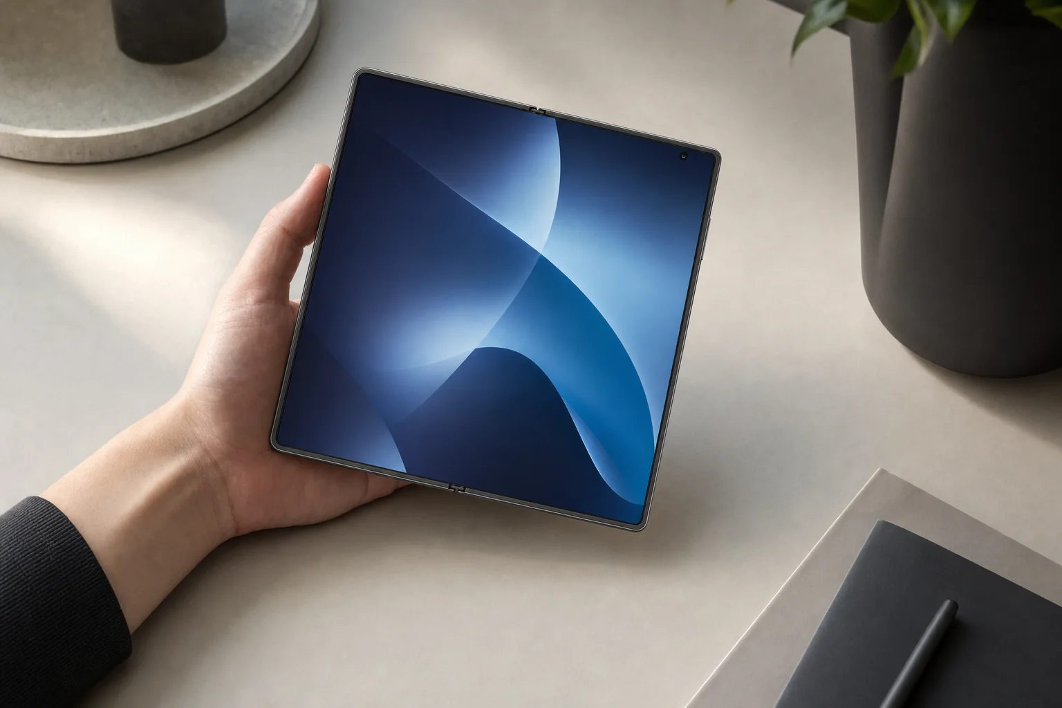 Concept visualisation of a book-style foldable smartphone opened flat to show a large square inner display