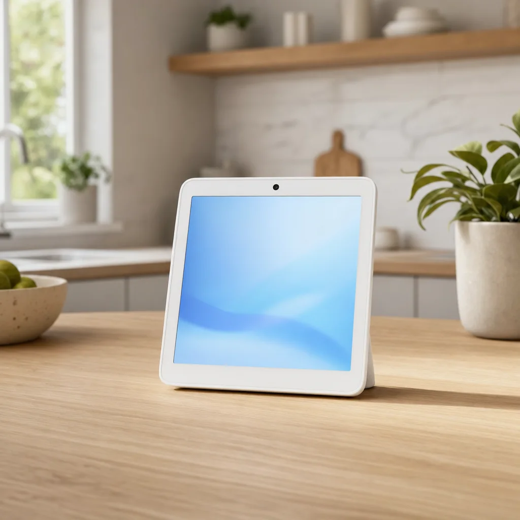 Concept visualisation of a small square smart home display on a kitchen worktop