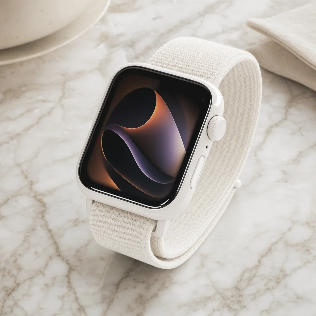 Concept visualisation of a square-faced smartwatch with a white ceramic case on a light background