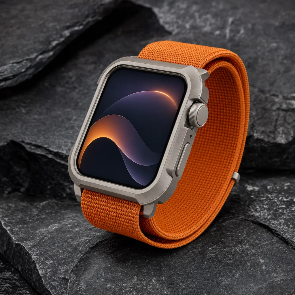 Concept visualisation of a rugged titanium sports smartwatch with a large flat display