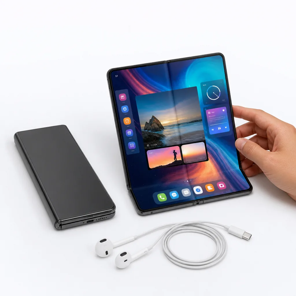 A book-style foldable smartphone held open to show its large inner display and cover screen
