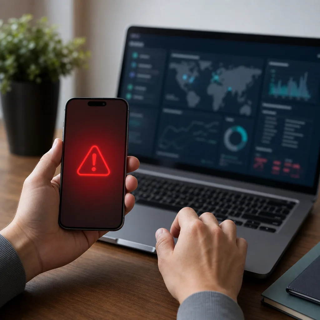 A person holding a smartphone displaying a generic security alert