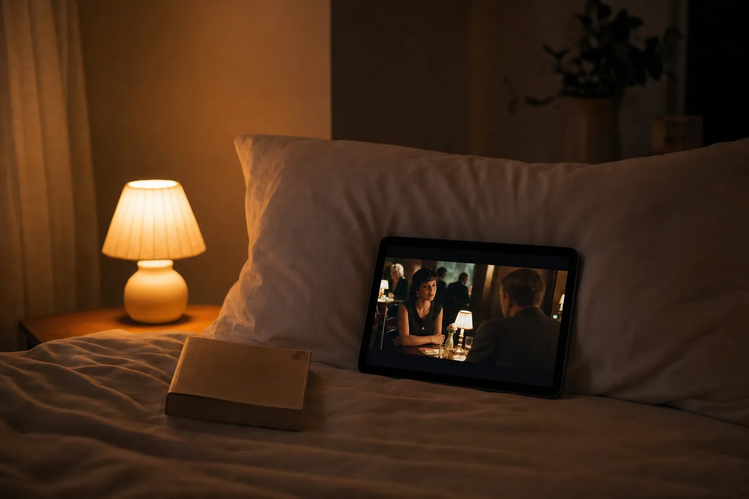 A tablet propped against a pillow at night playing a film, lit by a bedside lamp