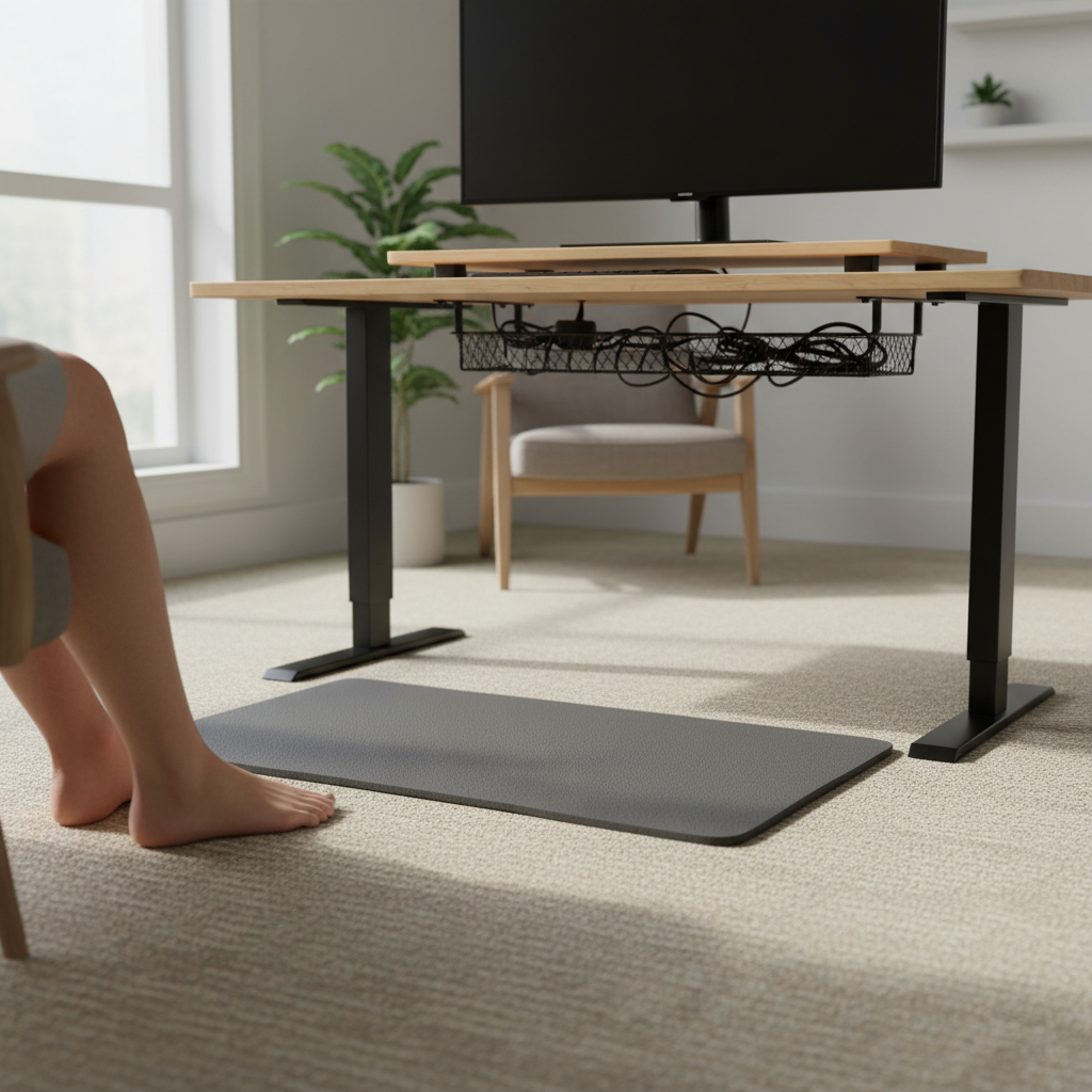 An anti-fatigue mat softens the floor; without one, standing for hours can be worse than sitting.