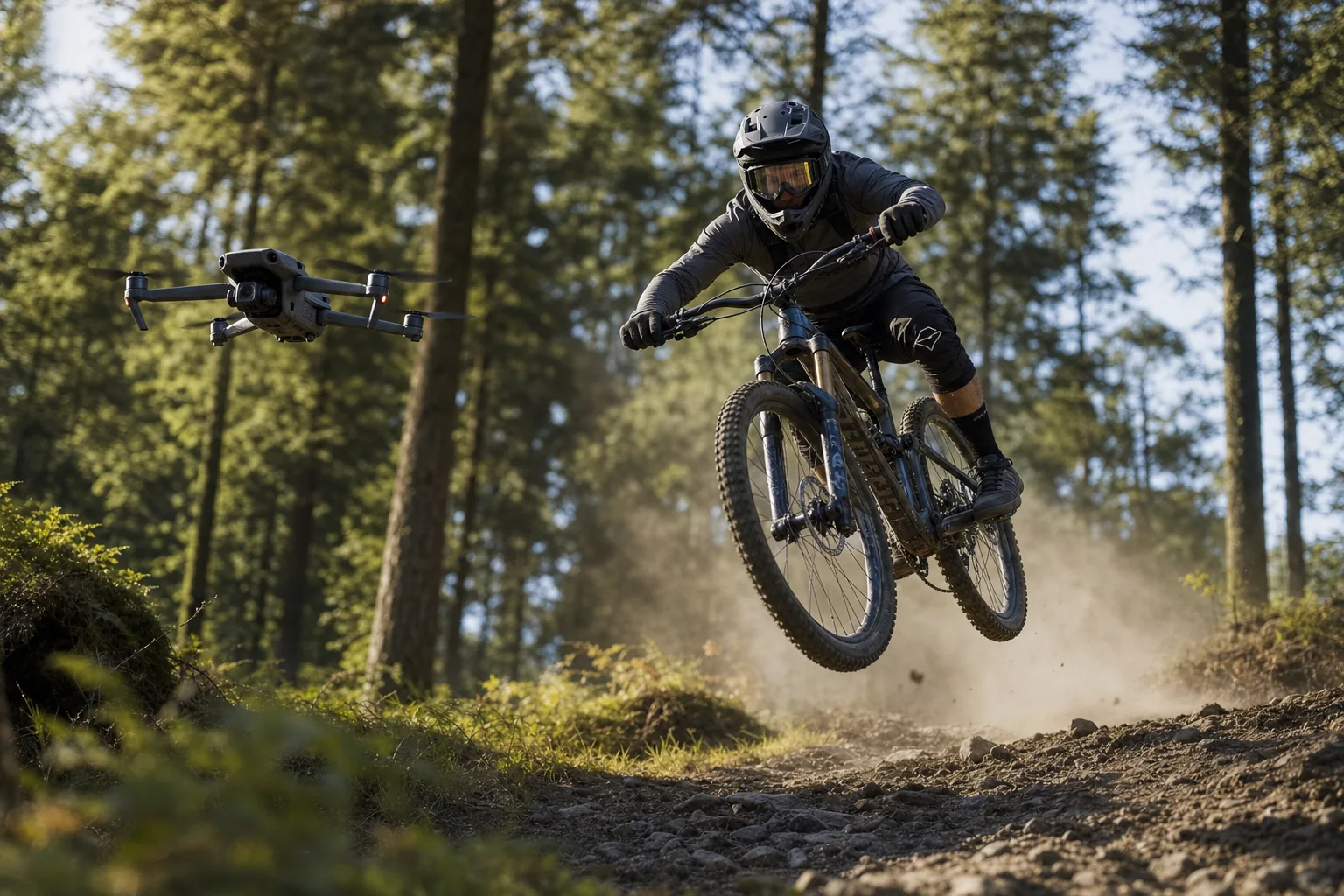 Camera drone tracking a mountain biker at speed through woodland