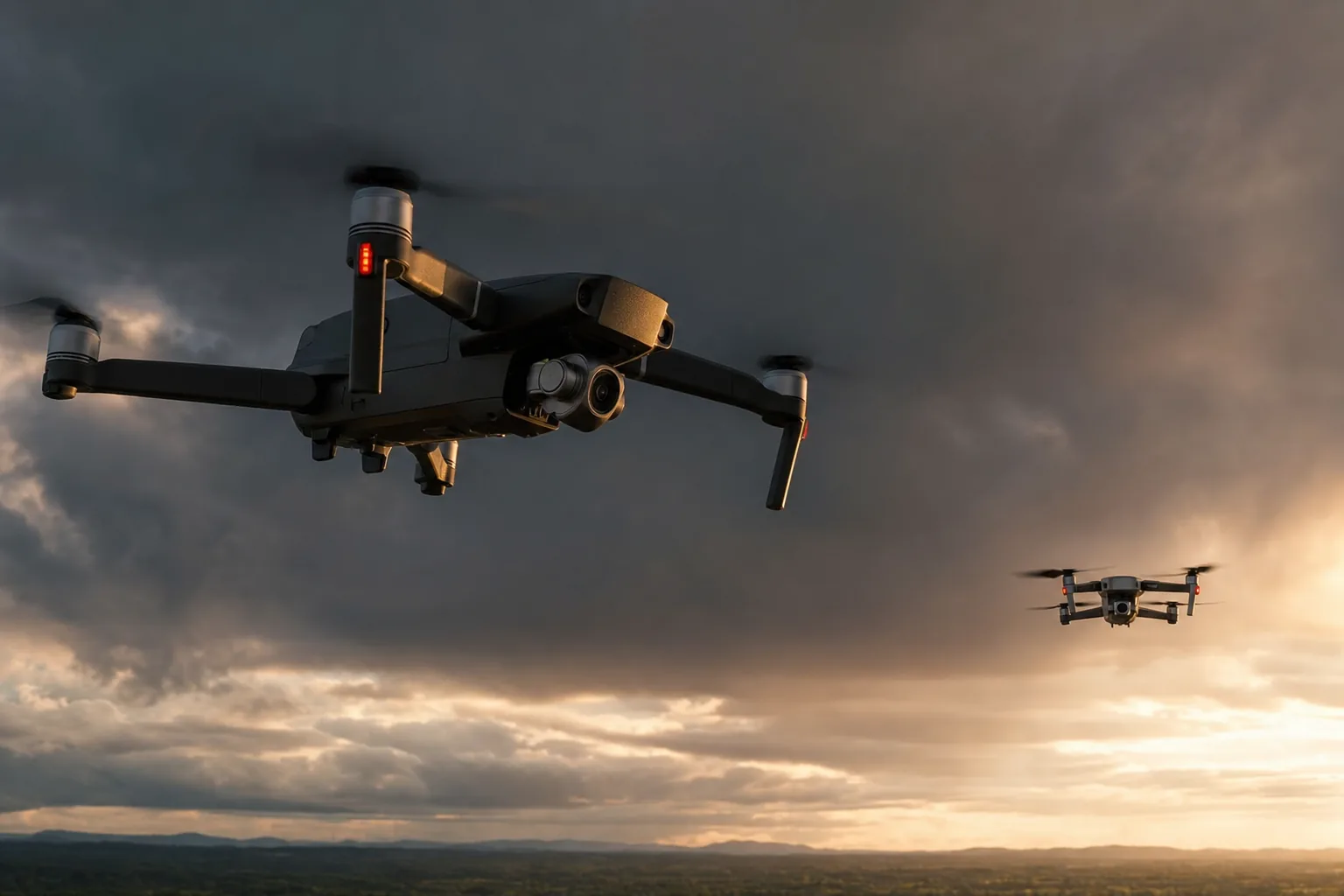 Two drones facing each other in a dramatic golden sky