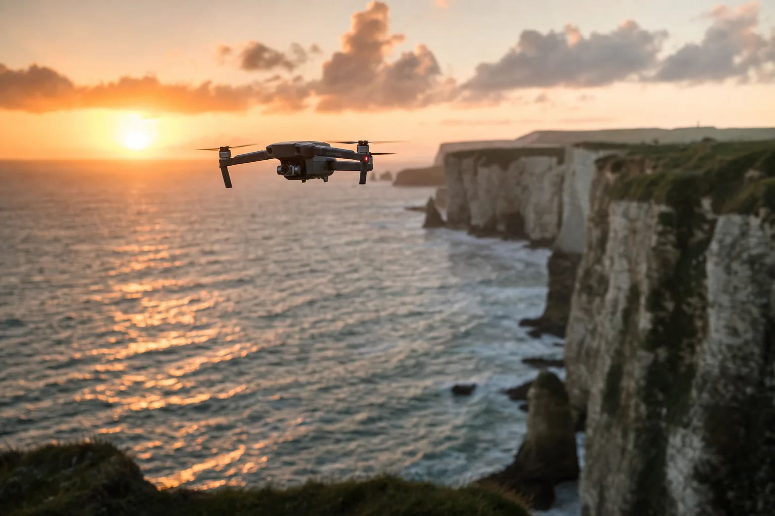 Drone flying over dramatic British sea cliffs at sunset