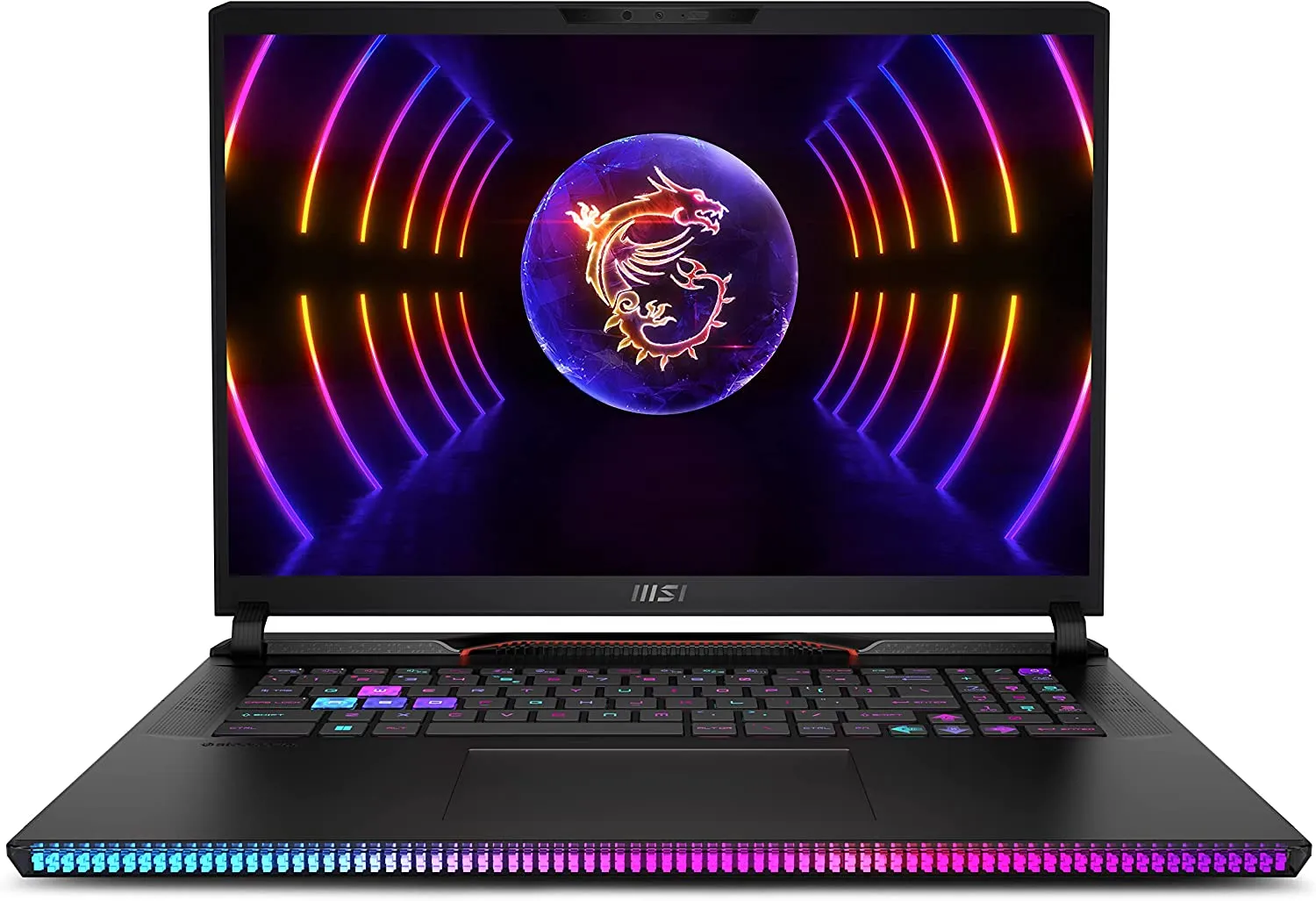 Hero image of Clean product shot of a top-tier gaming laptop from 2026 lineup, front view on a neutral background, official press or review photography