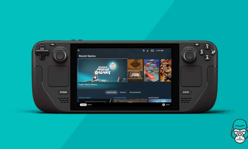 Steam Deck OLED image showing the handheld front-on with the SteamOS interface visible
