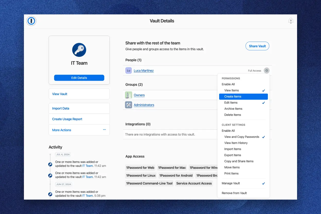 1Password vault and permissions panel