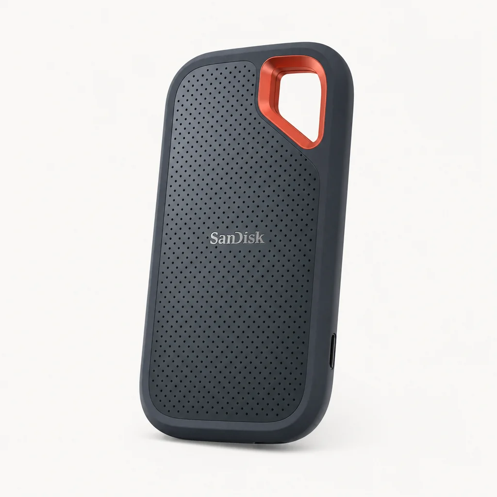 SanDisk Extreme Pro V2 portable SSD with rubberised casing and carabiner loop