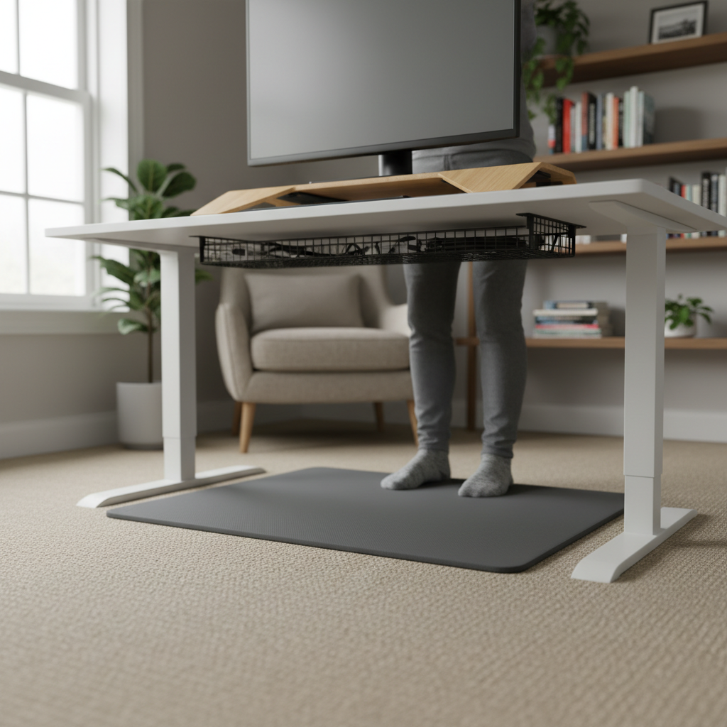A monitor riser and a small standing-desk mat under a person's feet.