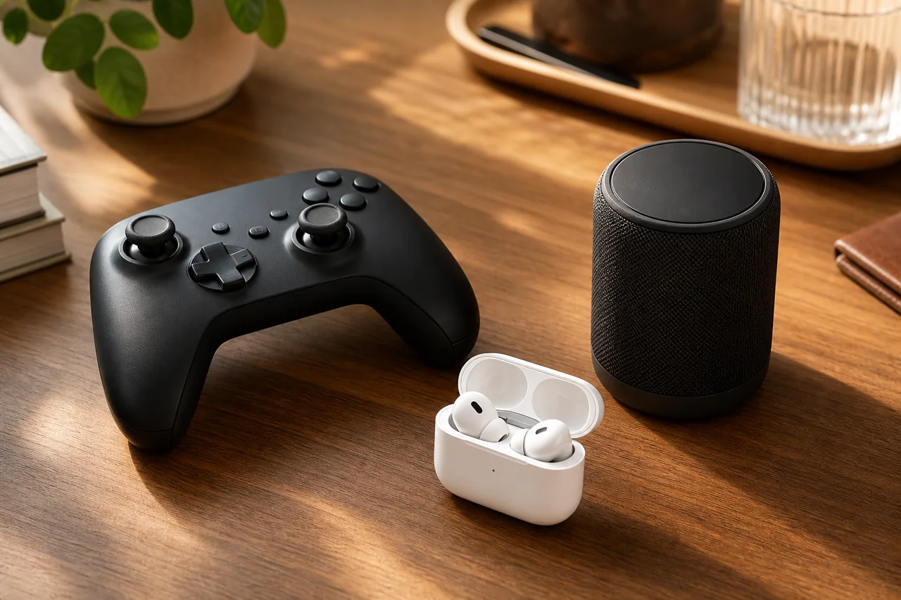 A games controller, earbuds and a Bluetooth speaker on a desk.