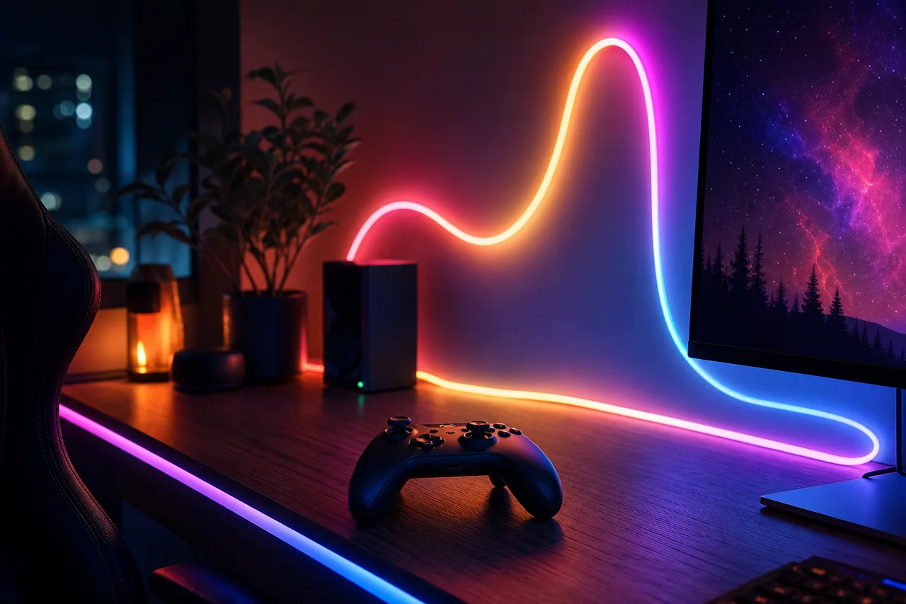 A gaming desk glowing with colourful RGB neon rope lighting.