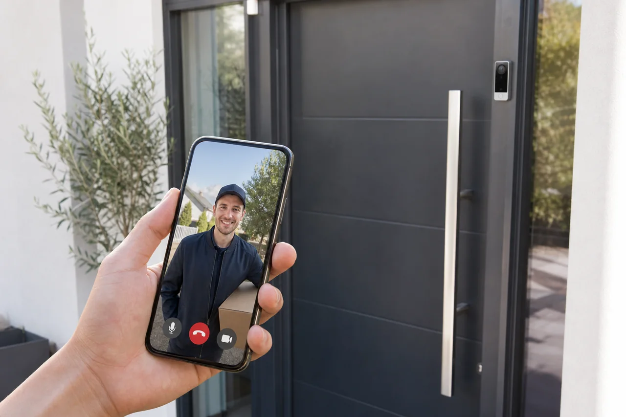 A modern front door with a smart video doorbell being answered on a phone.