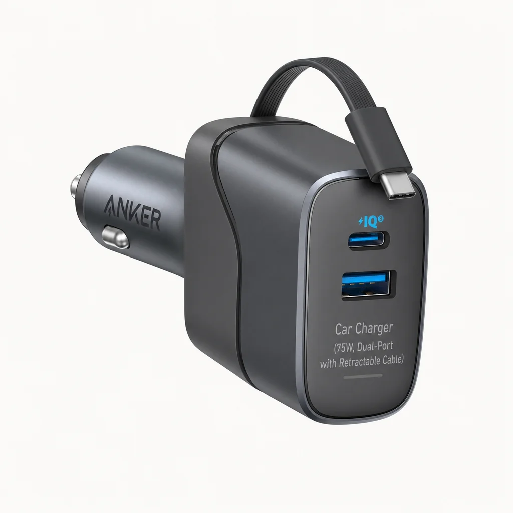 Anker Car Charger (75W, Dual-Port with Retractable Cable)