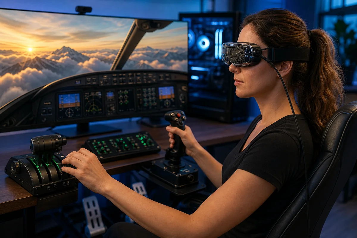 PC flight simulator user wearing a tiny transparent tethered VR headset with HOTAS controls