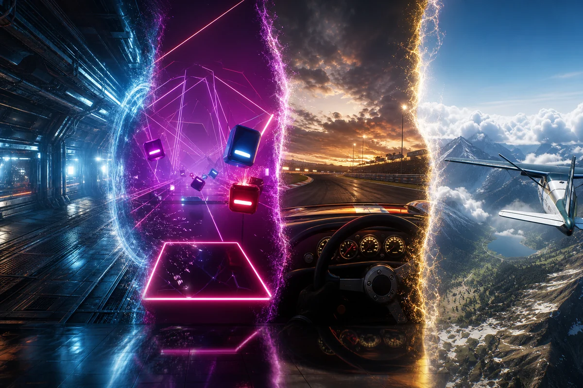 Original panorama representing science-fiction, rhythm, racing and flight games in PC VR