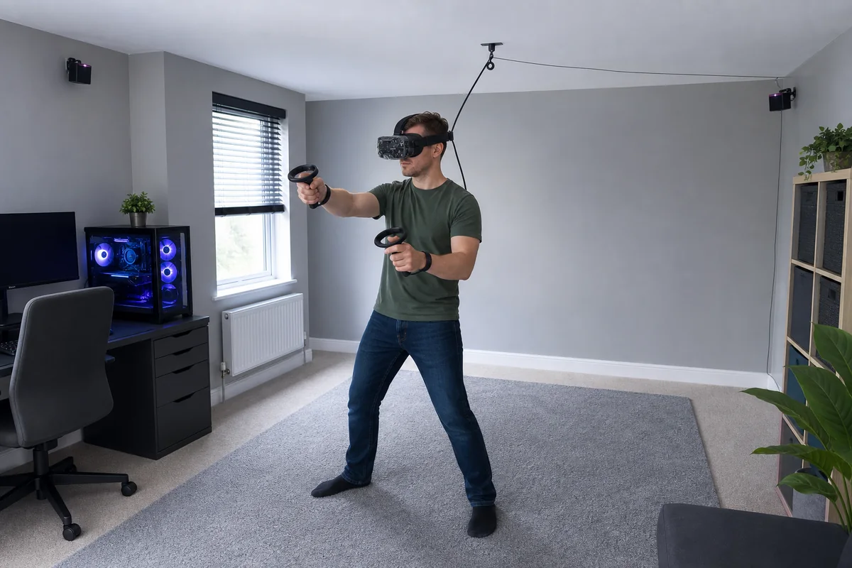 Room-scale PC VR setup with two base stations, controllers and a ceiling-managed headset cable