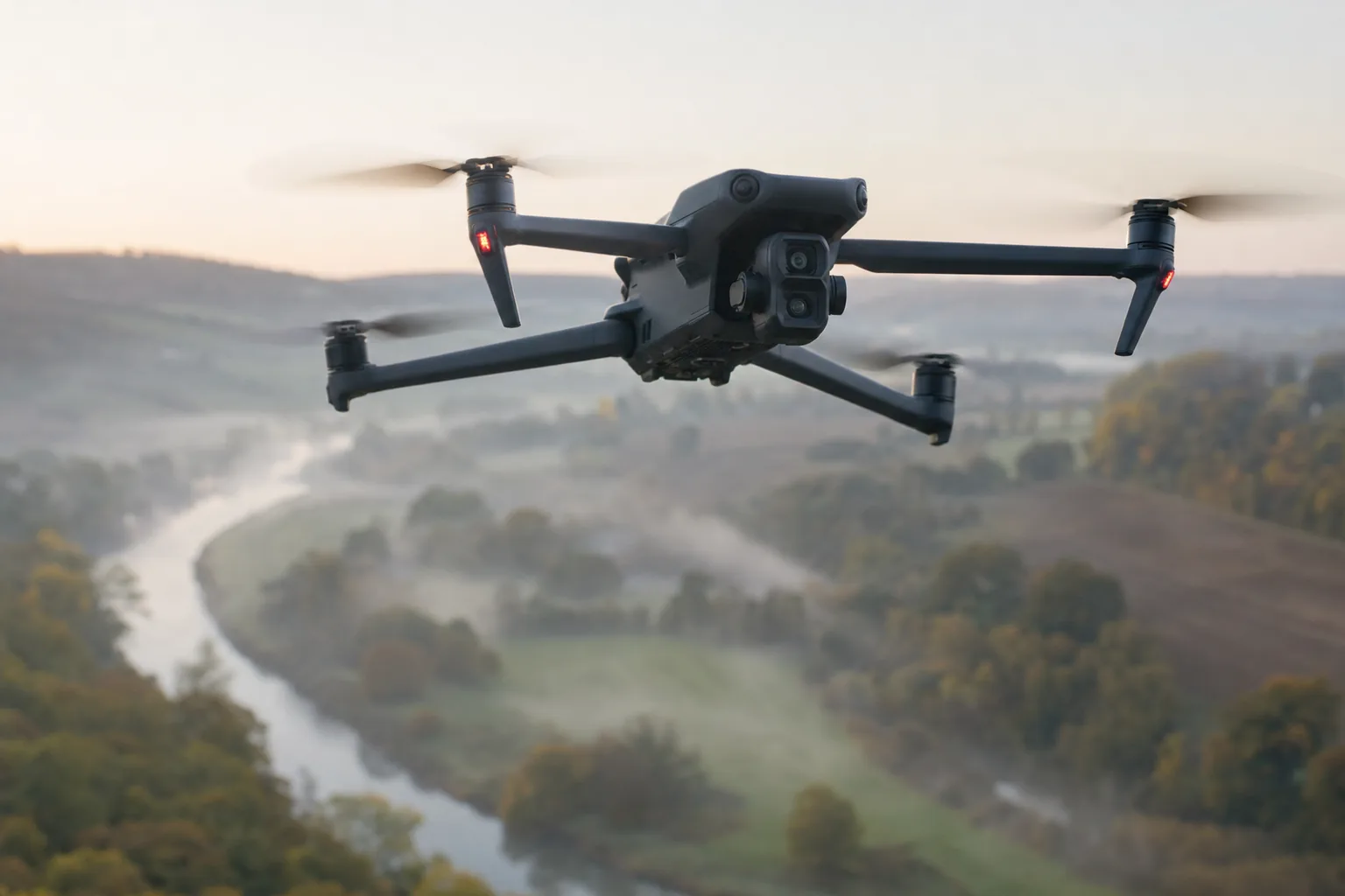 DJI Air 3S flying over an English river valley at dawn