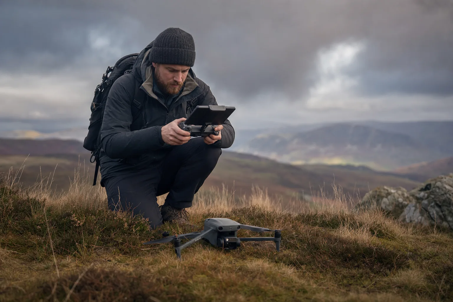 Photographer setting up the DJI Air 3S on open moorland