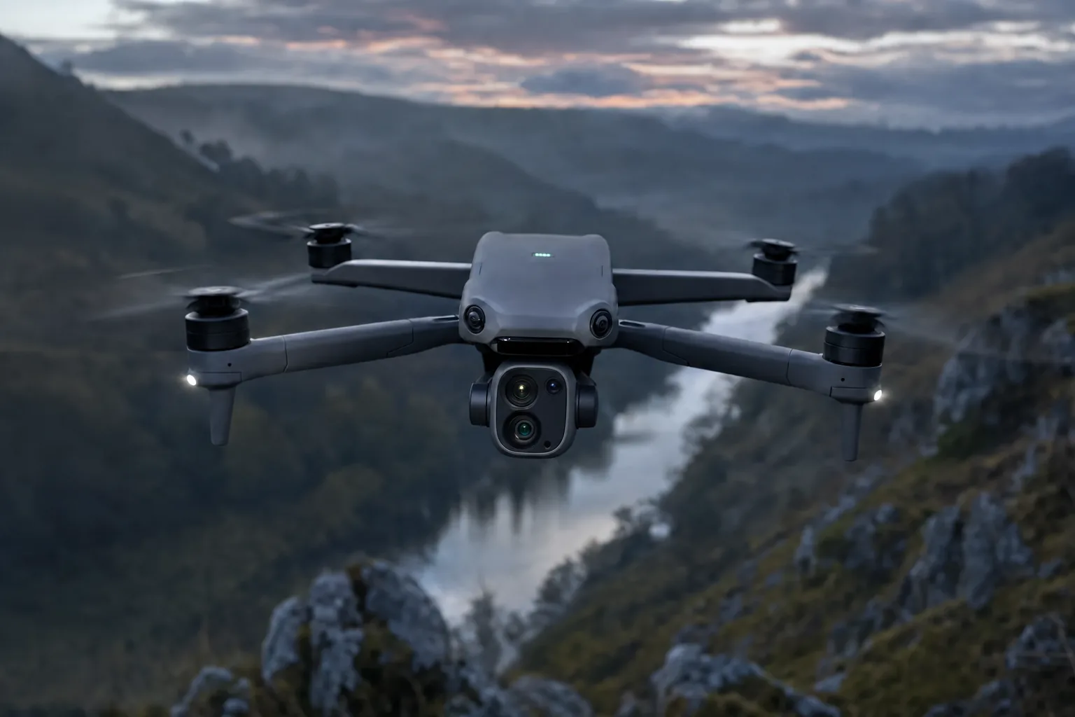 Concept image of a DJI Air-class drone flying over a UK landscape at dusk