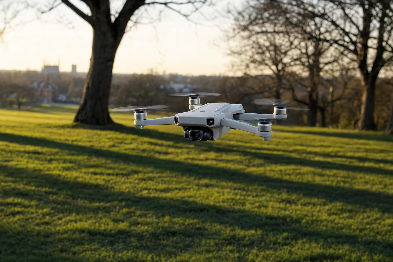 DJI Lito drone flying over a UK park at golden hour