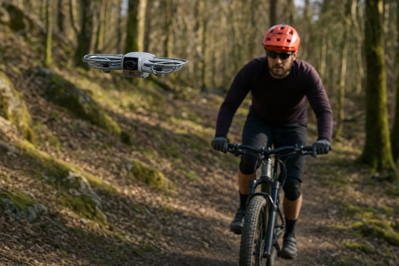 DJI Neo 2 following a mountain biker along a UK woodland trail