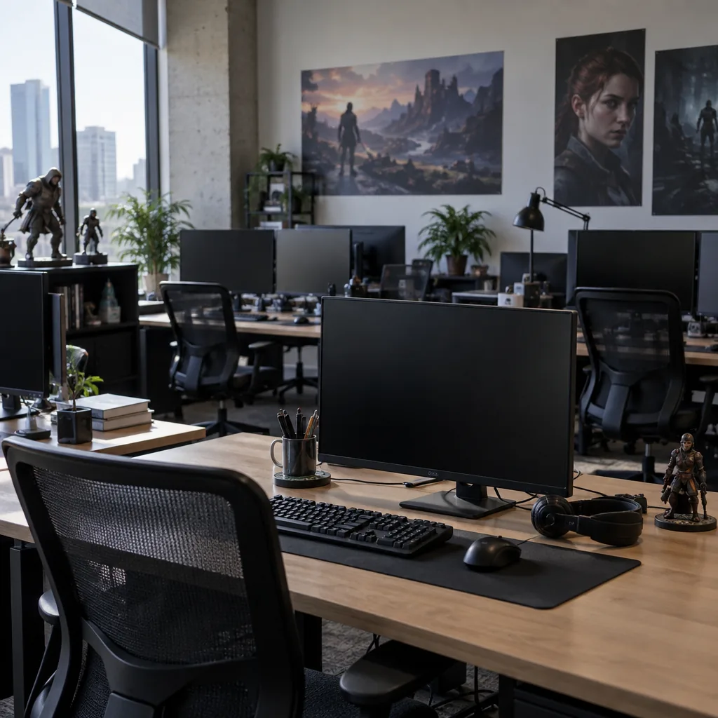 Empty desks and switched-off monitors in a game development studio