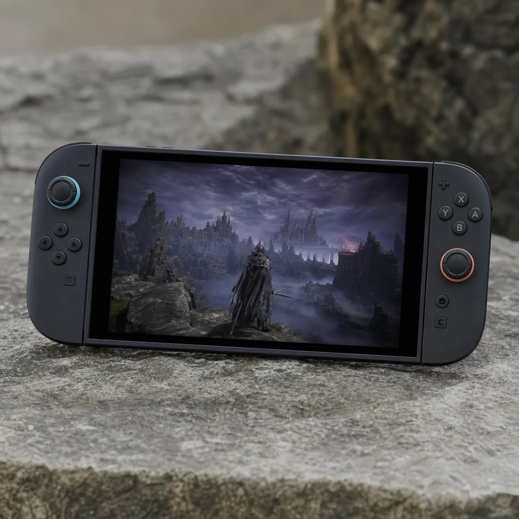 A handheld games console beside a steel gauntlet and fantasy map