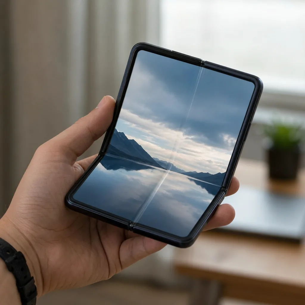 A book-style foldable smartphone open on a titanium surface
