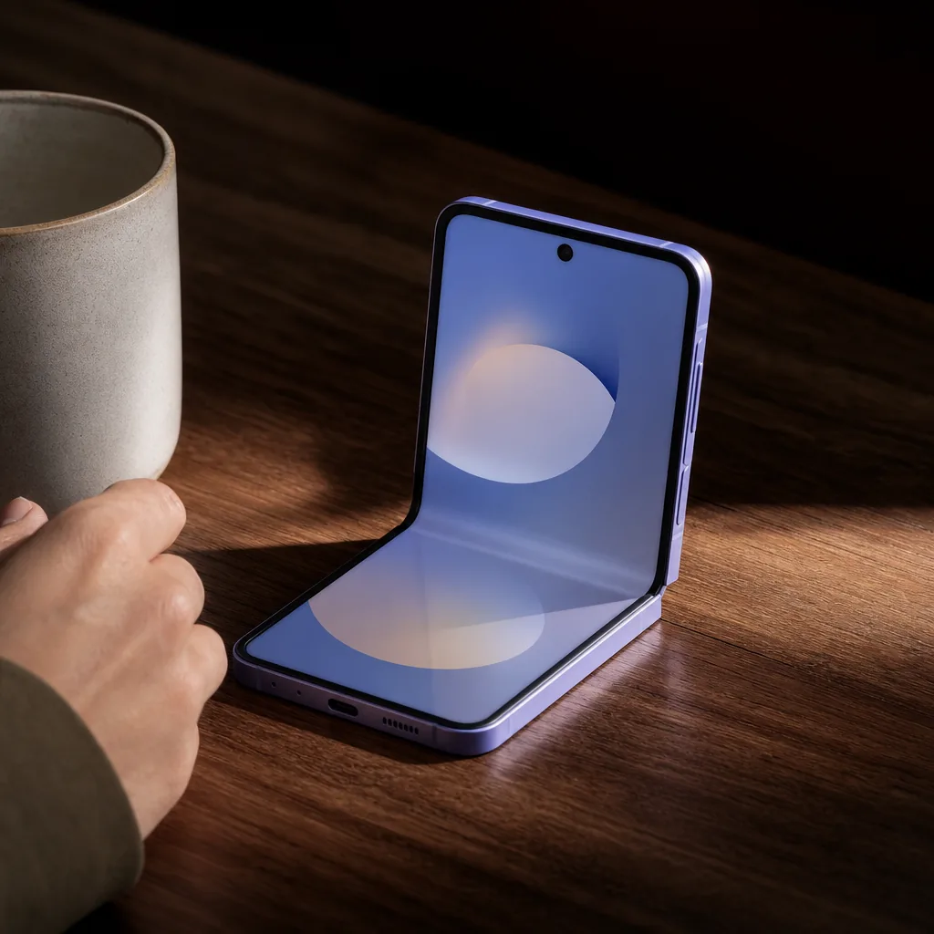 A clamshell foldable smartphone folded halfway open on a grey surface