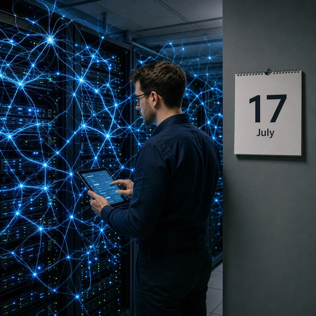 Illuminated server rack in a dark data centre with blue LED lighting