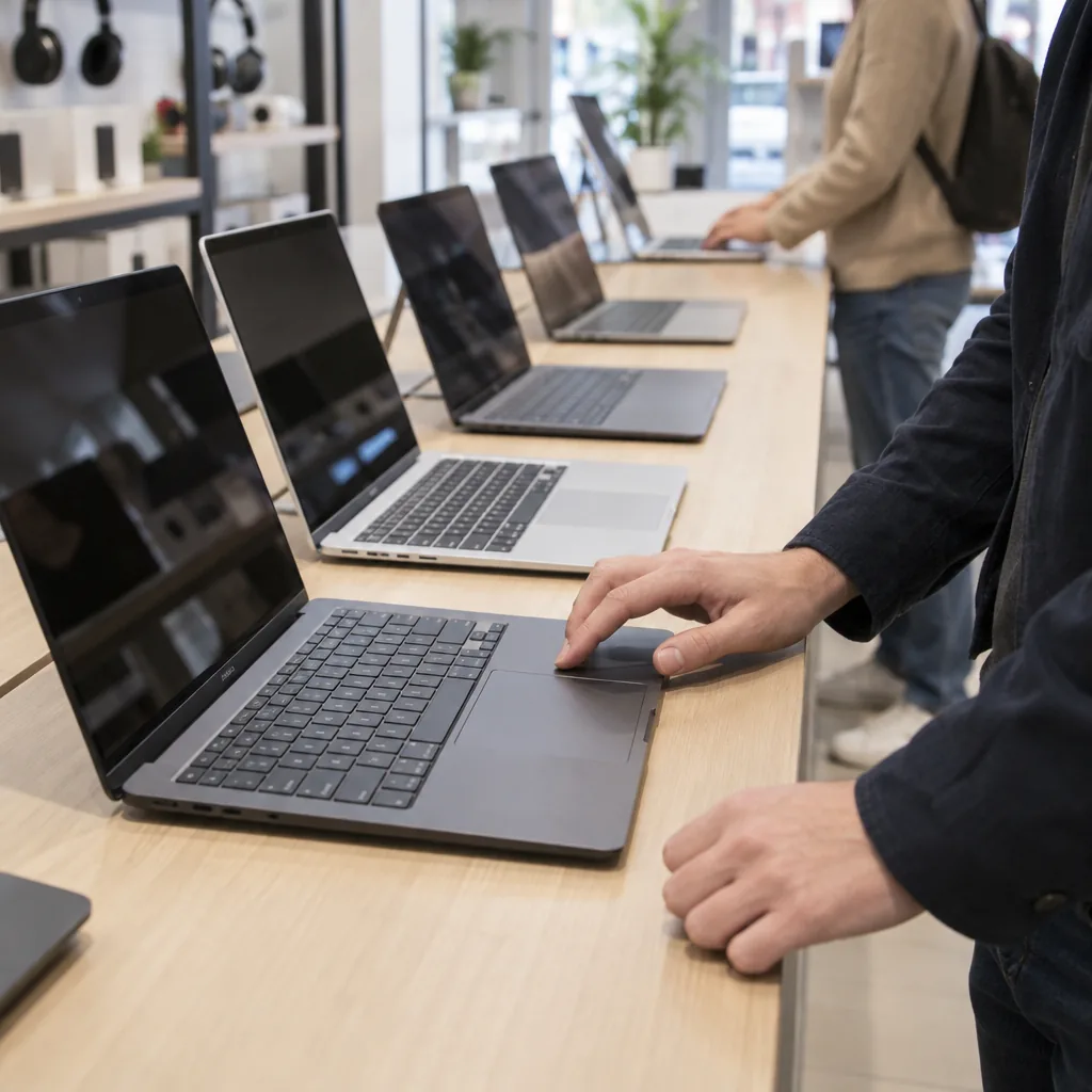 Unbranded laptops displayed in an electronics shop