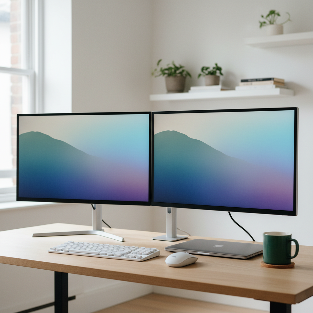 Two matching widescreen monitors set up as a dual configuration on a tidy UK home office desk
