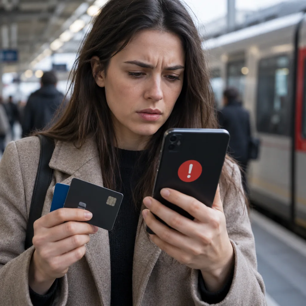 Commuter holding a phone with an error screen beside bank cards