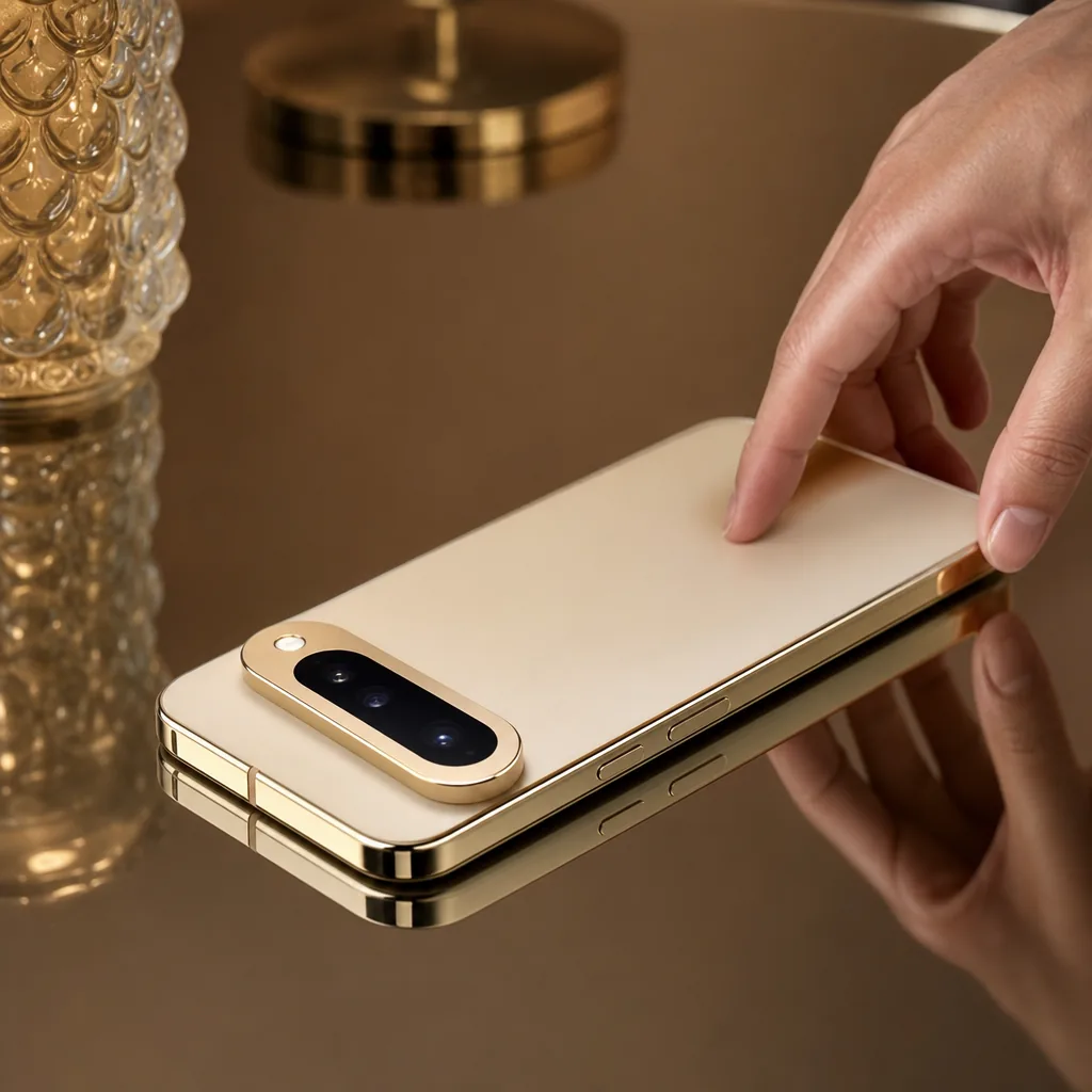 Smartphone with horizontal camera bar and gold metal frame on a dark surface
